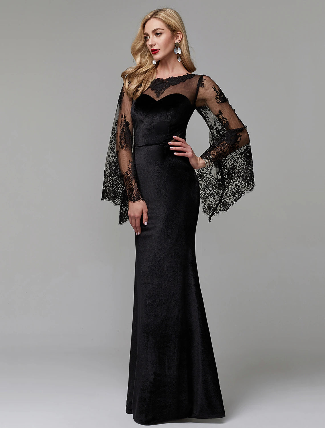 Sheath / Column Elegant Dress Wedding Guest Floor Length Long Sleeve Illusion Neck Lace