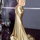 Mermaid / Trumpet Evening Gown Elegant Dress Engagement Sweep / Brush Train Sleeveless V Neck Satin with Criss Cross