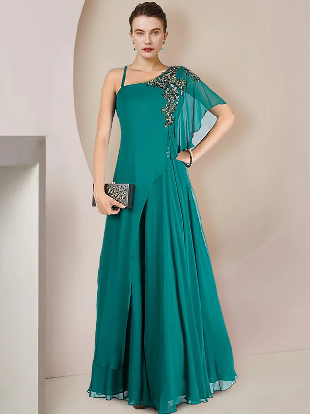 A-Line Mother of the Bride Dress Formal Wedding Guest Elegant One Shoulder Floor Length Chiffon Sleeveless with Pleats