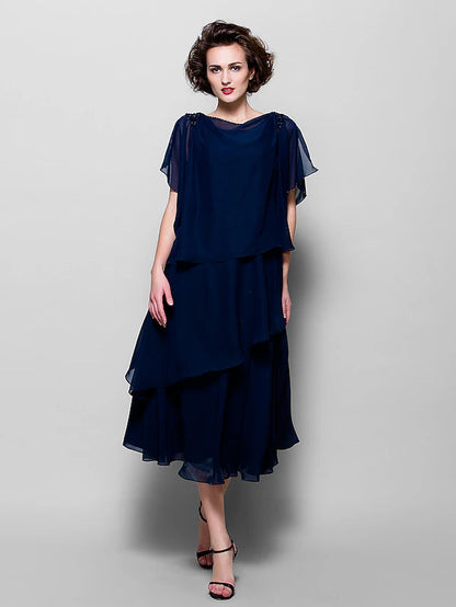 A-Line Mother of the Bride Dress Plus Size Elegant Cowl Neck Tea Length Chiffon Short Sleeve with Ruffles Crystal