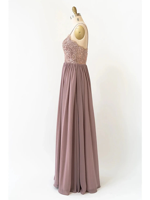 A-Line Bridesmaid Dress V Neck Sleeveless Open Back Floor Length Chiffon Long