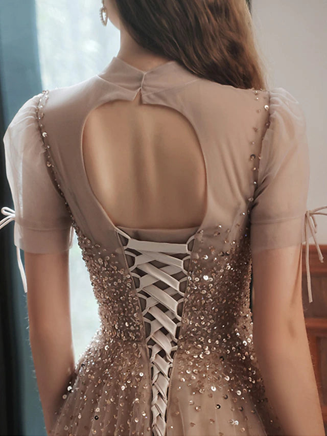 A-Line Prom Dresses Sparkle Dress Engagement Floor Length Sleeveless High Neck Tulle with Bow(s) Beading