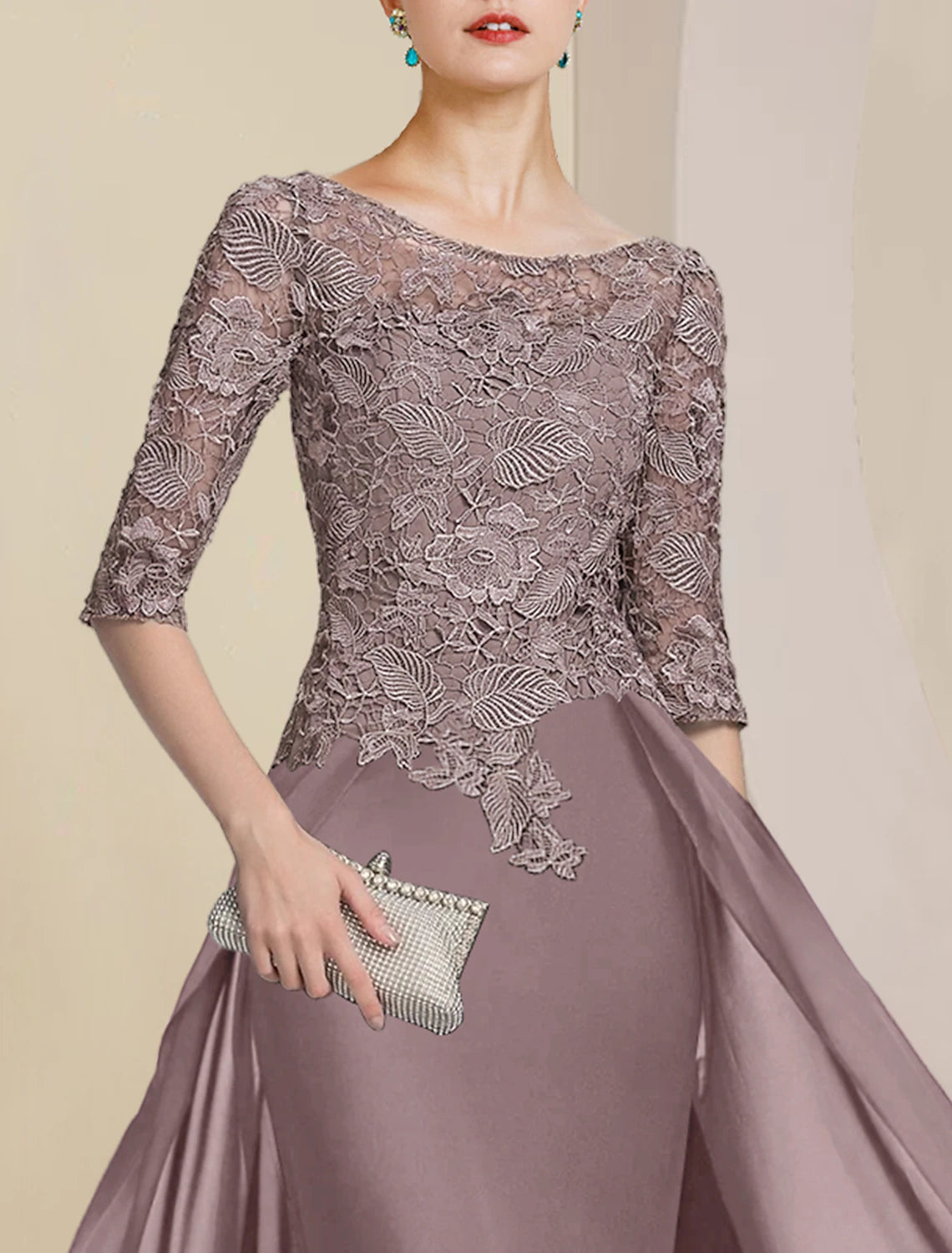 Sheath / Column Mother of the Bride Dress Formal Wedding Guest Elegant Scoop Neck Floor Length Chiffon Lace Half Sleeve
