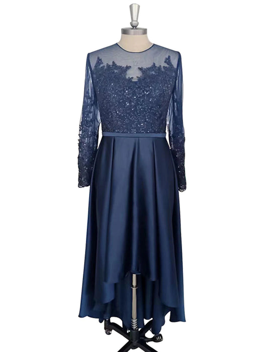 A-Line Cocktail Dresses Elegant Dress Party Wear Asymmetrical Long Sleeve Jewel Neck Satin with Crystals