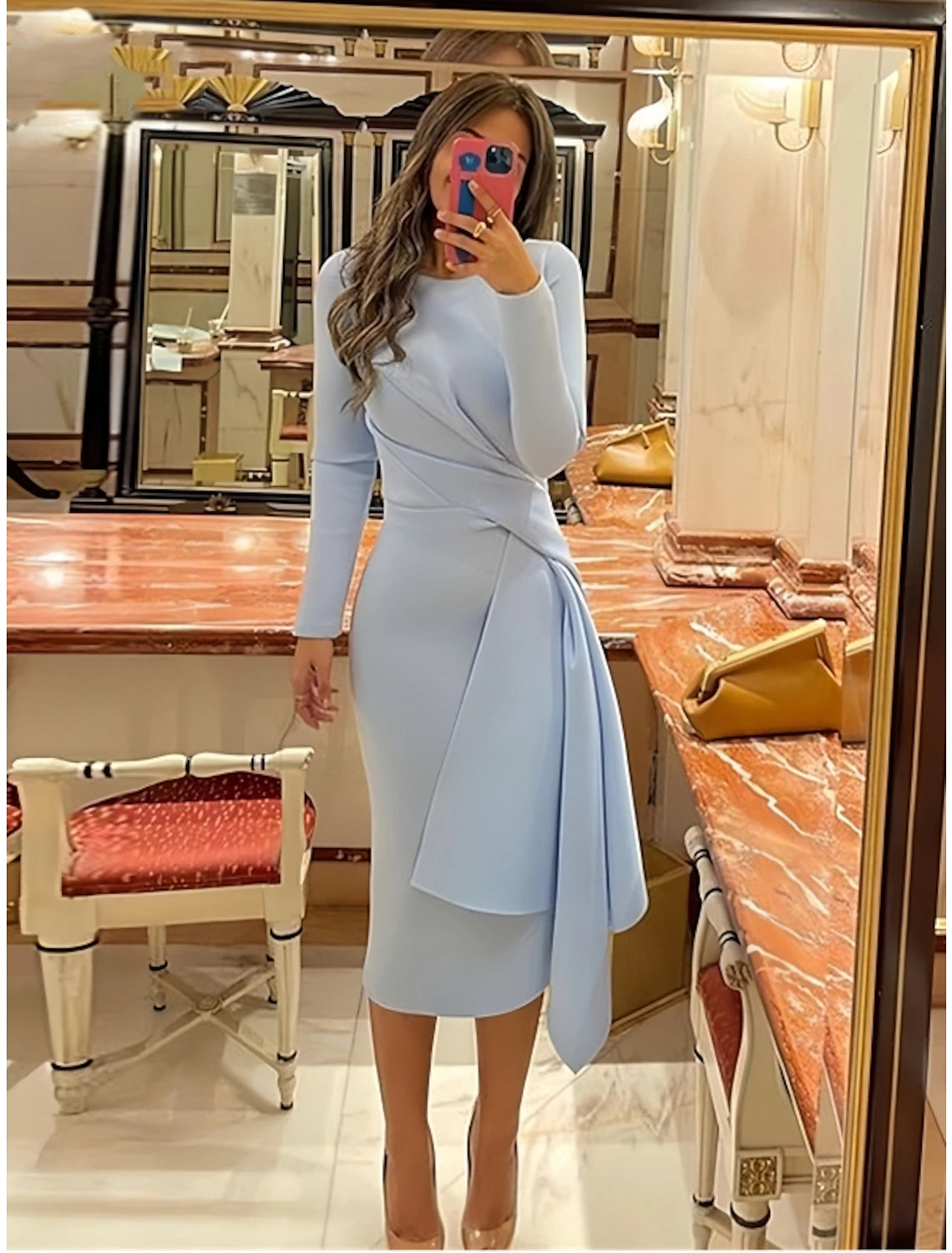 Sheath / Column Cocktail Dresses Elegant Dress Formal Fall Knee Length Long Sleeve Jewel Neck Stretch Fabric with Pleats