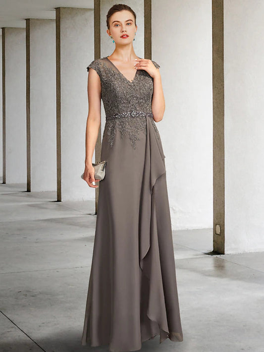 A-Line Mother of the Bride Dress Elegant V Neck Floor Length Chiffon Lace Cap Sleeve with Sash / Ribbon