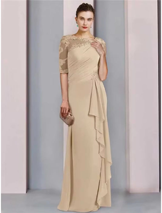 Sheath / Column Mother of the Bride Dress Wedding Guest Elegant Scoop Neck Floor Length Chiffon Half Sleeve with Lace