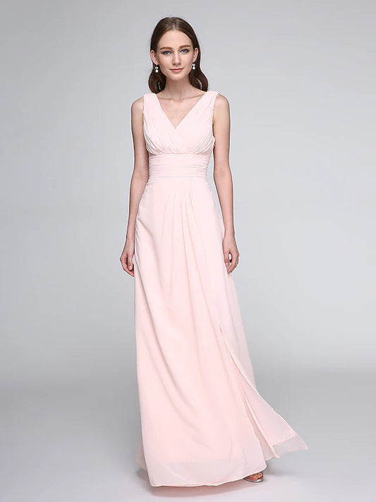 Sheath / Column Bridesmaid Dress V Neck Sleeveless Elegant Floor Length Chiffon with Criss Cross