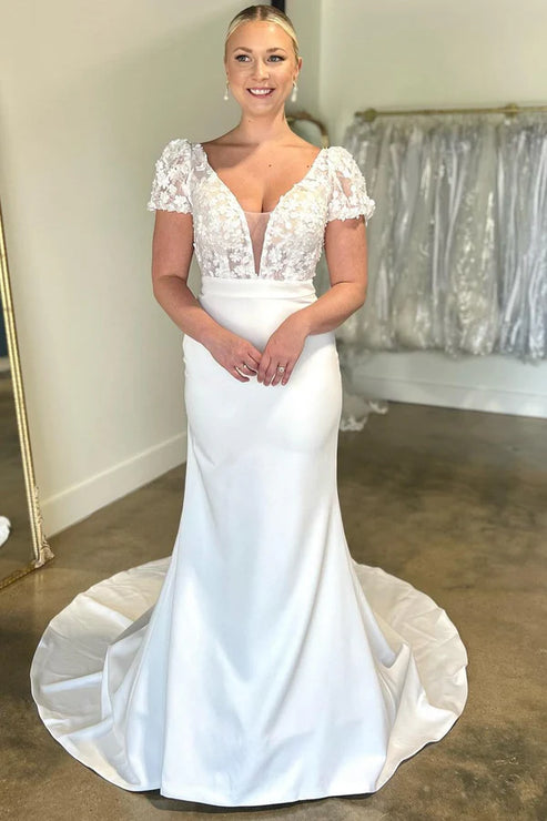 White Floral Applique Plunge V Long Wedding Dress with Short Sleeves Open Back Sexy