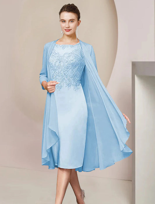 Two Piece Sheath / Column Mother of the Bride Dress Formal Wedding Guest Elegant Scoop Neck Knee Length Chiffon Lace Half Sleeve Jacket Dresses