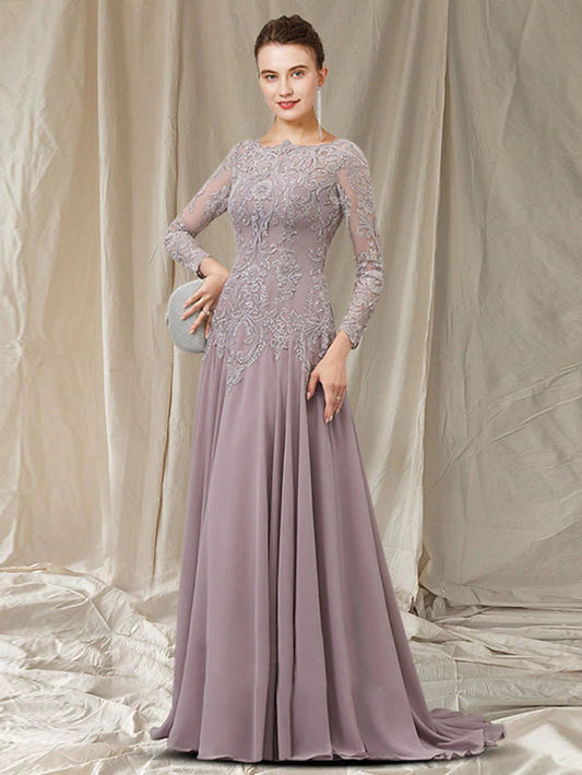 A-Line Mother of the Bride Dress Elegant Jewel Neck Sweep / Brush Train Chiffon Lace Long Sleeve with Pleats