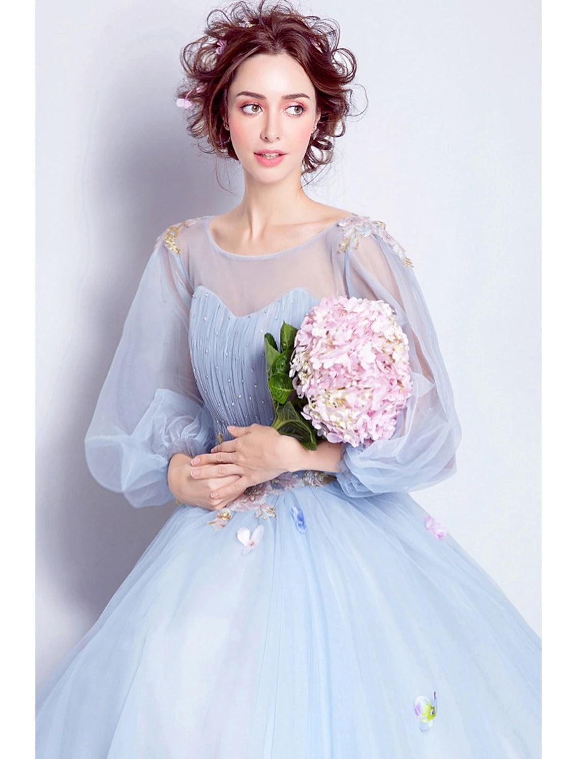 Ball Gown Prom Dresses Elegant Dress Quinceanera Engagement Floor Length 3/4 Length Sleeve Illusion Neck Tulle