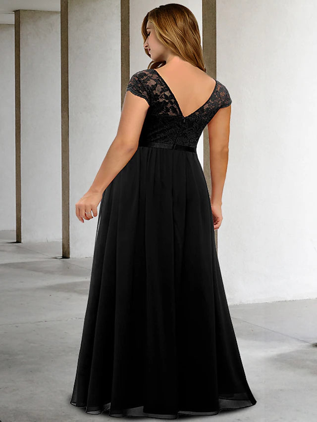 A-Line Plus Size Curve Mother of the Bride Dresses Elegant Dress Formal Floor Length Short Sleeve V Neck Chiffon with Pleats