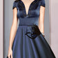 A-Line Mother of the Bride Dress Formal Church Party Elegant V Neck Tea Length Satin Short Sleeve with Beading