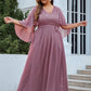 A-Line Mother of the Bride Dress Plus Size Elegant V Neck Floor Length Chiffon Tulle Half Sleeve with Sash