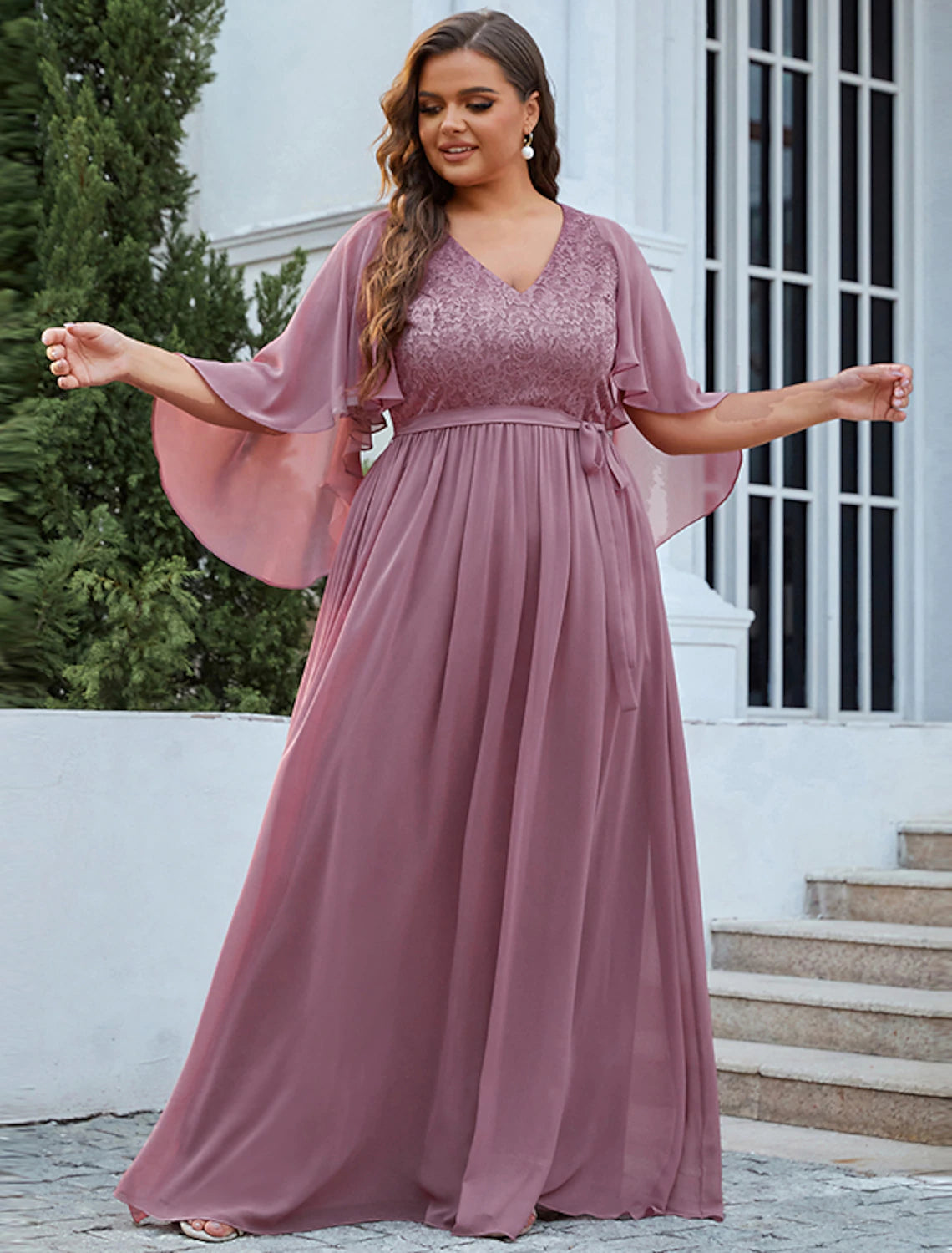 A-Line Mother of the Bride Dress Plus Size Elegant V Neck Floor Length Chiffon Tulle Half Sleeve with Sash