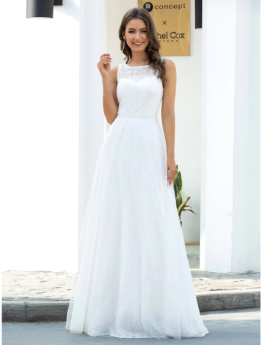 Long Beach Wedding Dresses A-Line Scoop Neck Sleeveless Floor Length Lace Bridal Gowns With Lace