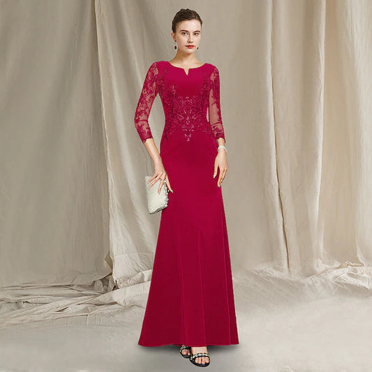 Sheath / Column Mother of the Bride Dress Elegant Jewel Neck Floor Length Chiffon Lace Short Sleeve with Sequin Ruffles