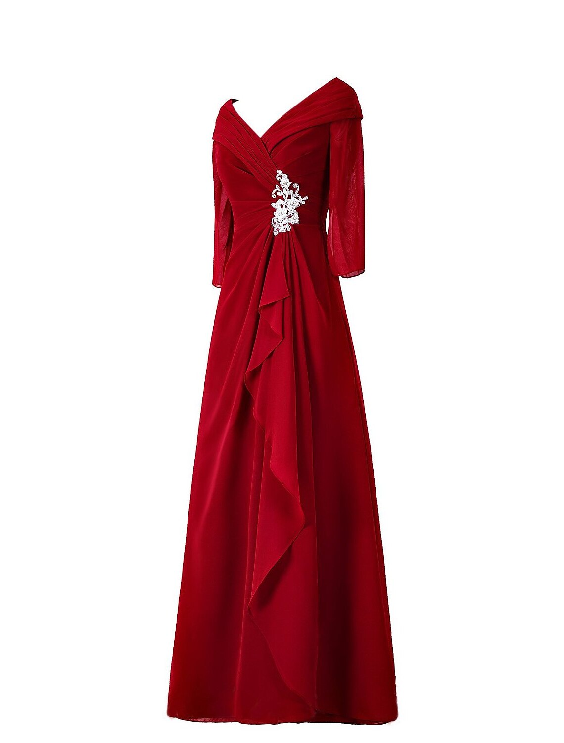 A-Line Minimalist Elegant Wedding Guest Formal Evening Dress V Neck Half Sleeve Floor Length Chiffon with Draping