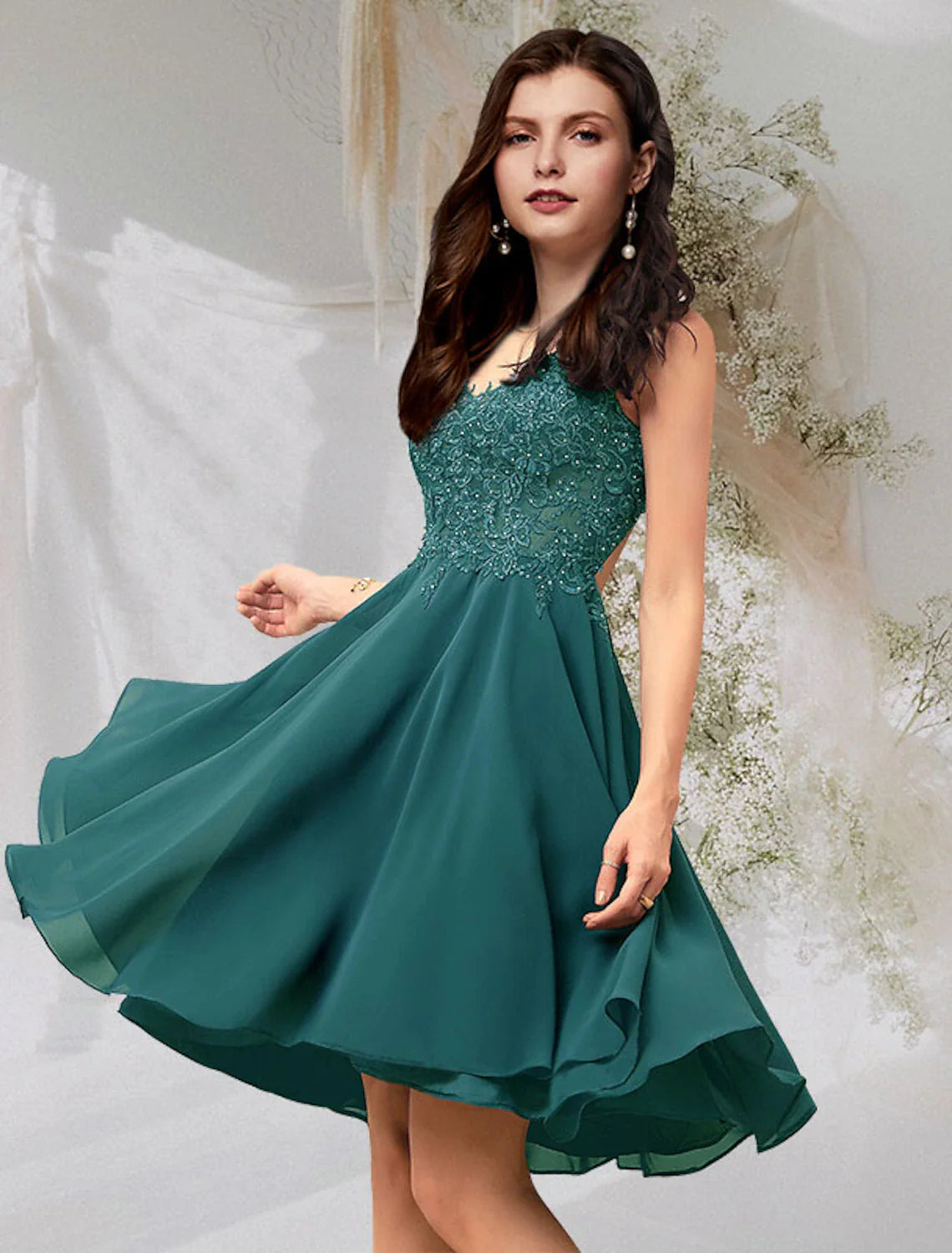 A-Line Cocktail Dresses Flirty Dress Homecoming Graduation Short / Mini Sleeveless V Neck Chiffon Backless with Beading Lace