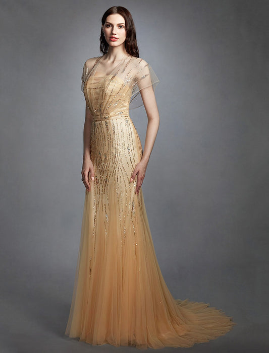 Sheath / Column V Neck Sweep Train Tulle Made-To-Measure Wedding Dresses with Sequin