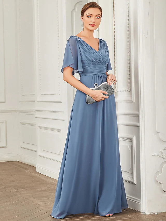 A-Line Prom Dresses Party Dress Wedding Guest Floor Length Short Sleeve V Neck Chiffon with Ruched