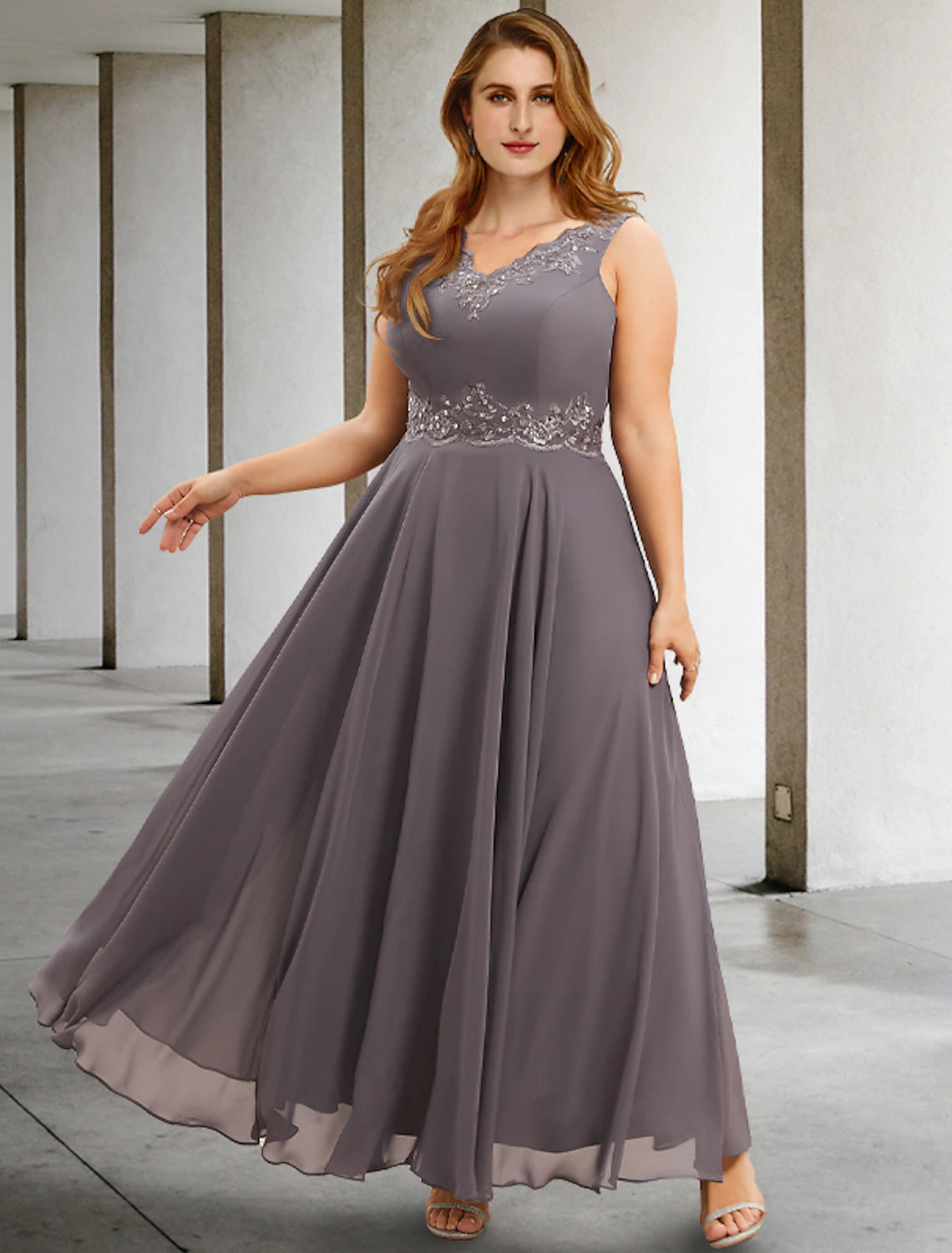 Two Piece A-Line Wedding Guest Dresses Plus Size Hide Belly Elegant Dress Formal Tea Length Sleeveless V Neck Chiffon