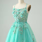 Cute A Line Spaghetti Straps Corset Short Homecoming Dress with Appliques Beautiful