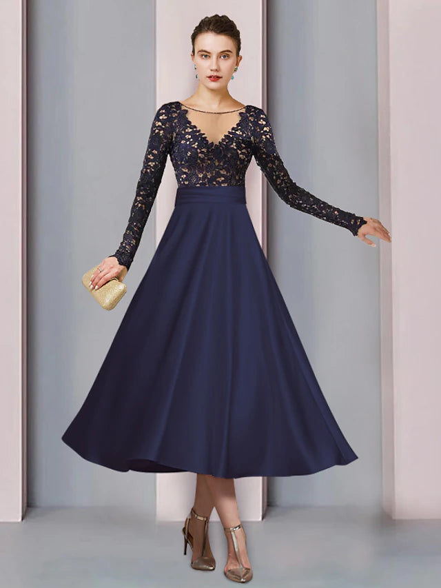 A-Line Mother of the Bride Dress Wedding Guest Elegant Scoop Neck Tea Length Satin Lace Long Sleeve with Pleats Beading