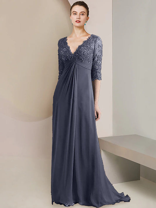 A-Line Mother of the Bride Dress Formal Elegant V Neck Court Train Chiffon Lace Half Sleeve with Ruched