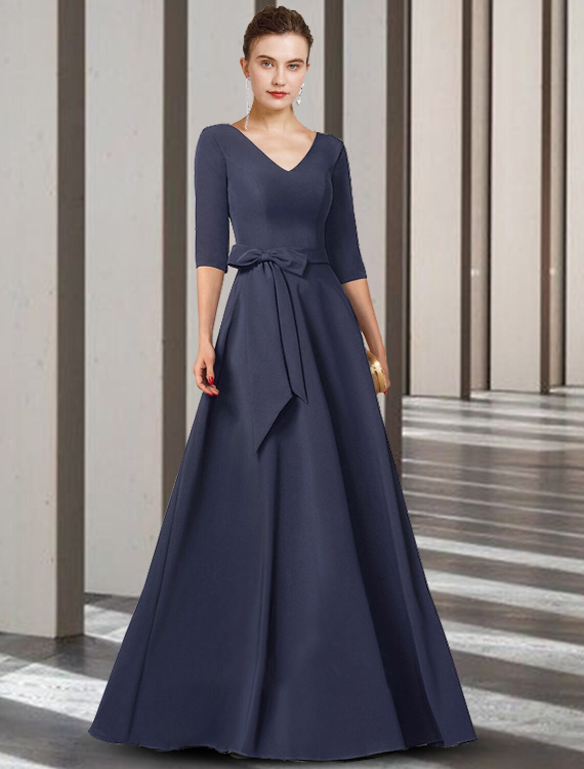 Sheath / Column Mother of the Bride Dress Elegant V Neck Floor Length Stretch Chiffon Half Sleeve with Bow(s)