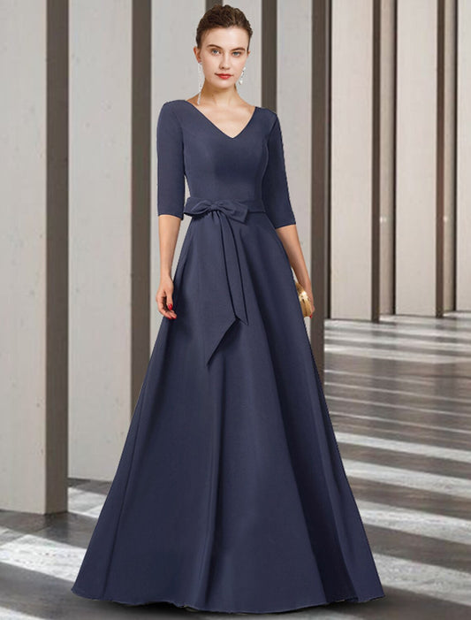 Sheath / Column Mother of the Bride Dress Elegant V Neck Floor Length Stretch Chiffon Half Sleeve with Bow(s)