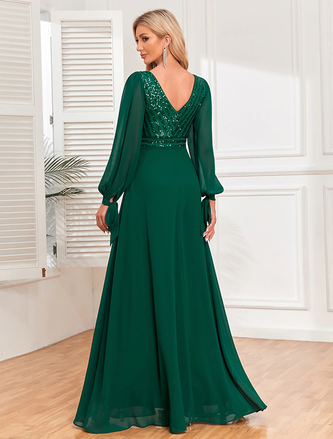 A-Line Evening Gown Empire Dress Evening Party Wedding Reception Floor Length Long Sleeve V Neck Fall Wedding Guest Chiffon V Back