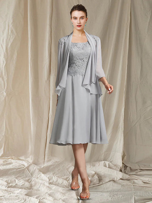 Two Piece A-Line Mother of the Bride Dress Church Elegant Jewel Neck Knee Length Chiffon Lace Sleeveless Wrap Included