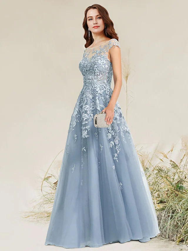 A-Line Empire Elegant Party Wear Formal Evening Dress Jewel Neck Sleeveless Floor Length Lace