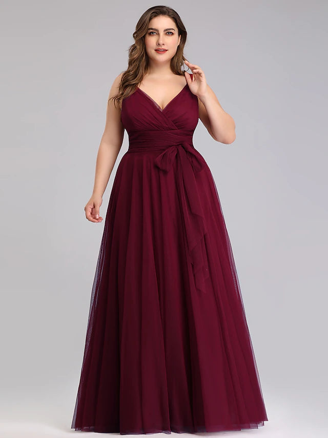 A-Line Bridesmaid Dress V Neck Sleeveless Plus Size Floor Length Tulle with Bow(s) / Ruching