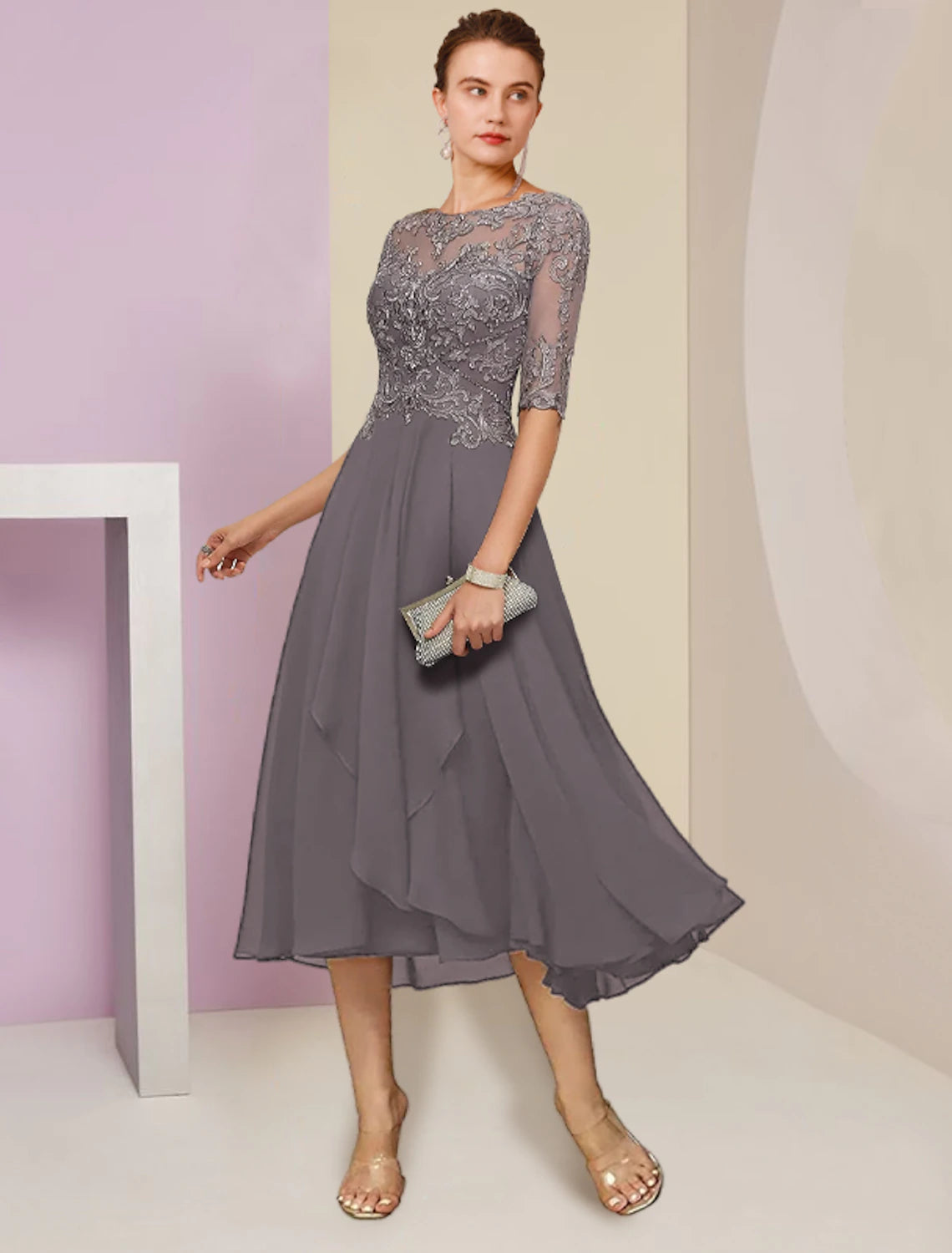 Two Piece A-Line Mother of the Bride Dress Formal Wedding Guest Elegant Scoop Neck Tea Length Chiffon Lace Half Sleeve Wrap Included with Beading Sequin