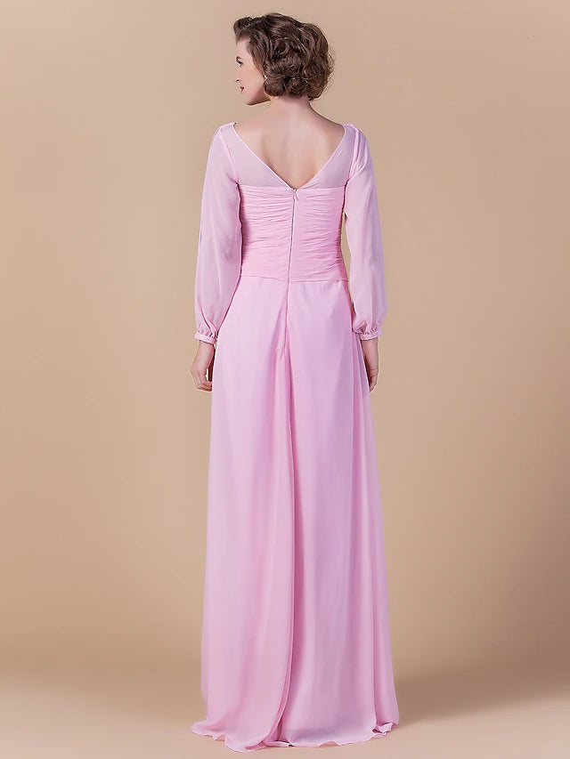 Sheath / Column Mother of the Bride Dress Vintage Inspired Cowl Neck Floor Length Chiffon Long Sleeve with Criss Cross