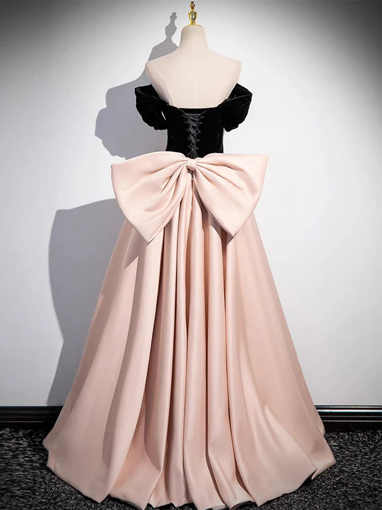 A-Line Off Shoulder Satin Long Prom Dress With Bow