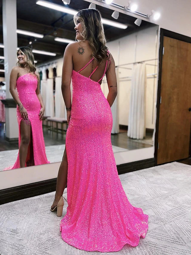 Mermaid / Trumpet Prom Dresses Sexy Dress Formal Sweep / Brush Train Sleeveless One Shoulder Sequined Backless with Sequin