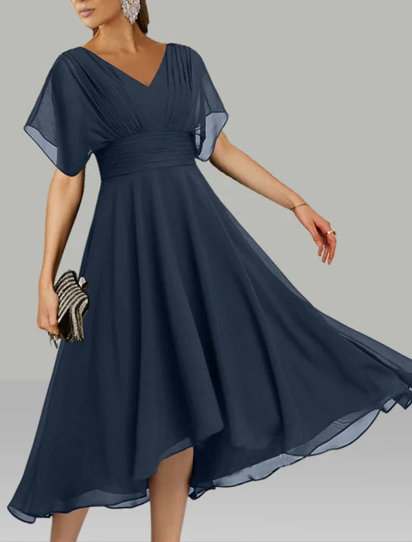 A-Line Wedding Guest Dresses Elegant Dress Holiday Fall Tea Length Short Sleeve V Neck Chiffon