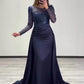 Mermaid Sequin Evening Gown Ruched Satin Dress Long Sleeves Floor Length Sparkle Illusion Neck Fall Wedding Guest Dress with Pearls