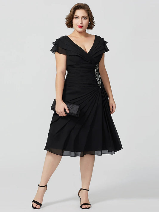 A-Line Mother of the Bride Dress Plus Size Elegant Sexy V Neck Knee Length Chiffon Short Sleeve No with Beading