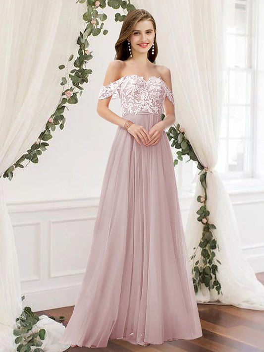 A-Line Bridesmaid Dress Off Shoulder Sleeveless Elegant Floor Length Chiffon / Lace with Pleats