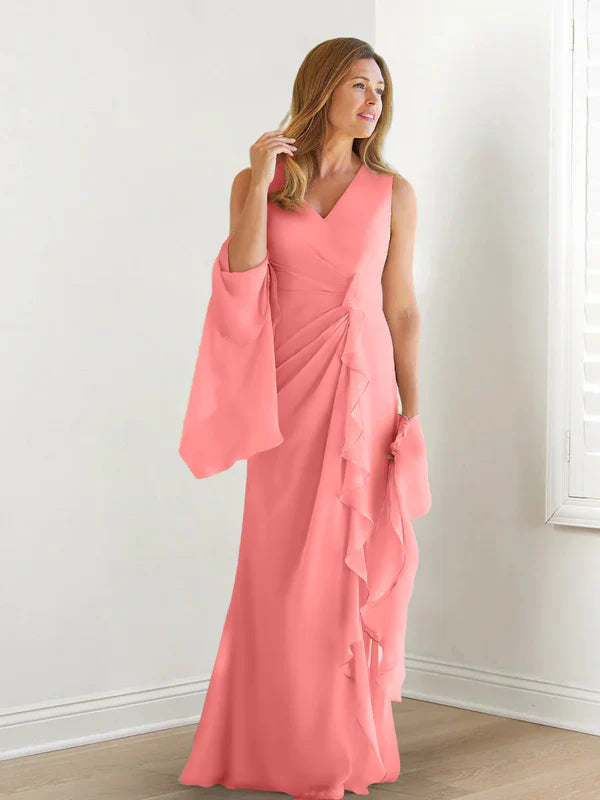 Wrap body/column V-neck sleeveless wrap body mother of the bride dress Pure Color