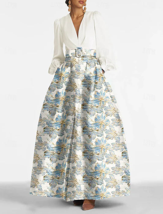 A-Line Floral with Print Evening Gown Elegant Metallic Dress Formal Prom Floor Length Long Sleeve V Neck Belt / Sash