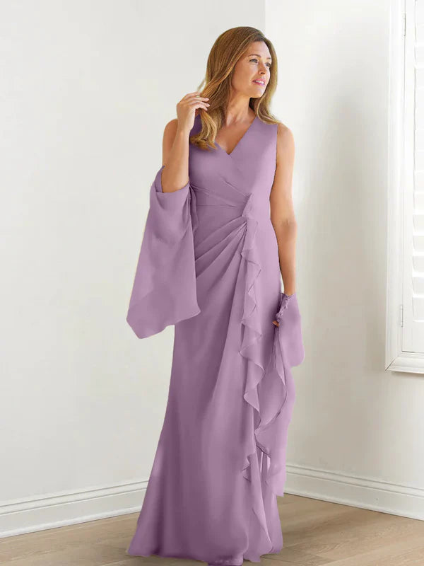 Wrap body/column V-neck sleeveless wrap body mother of the bride dress Pure Color