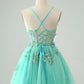 Cute A Line Spaghetti Straps Corset Short Homecoming Dress with Appliques Beautiful