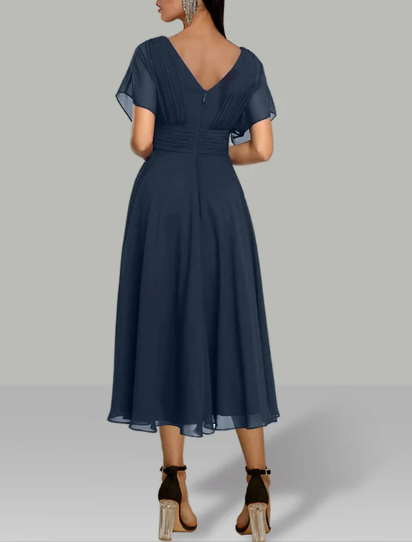 A-Line Wedding Guest Dresses Elegant Dress Holiday Fall Tea Length Short Sleeve V Neck Chiffon
