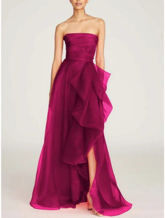 A-Line Evening Gown Elegant Dress Formal Sweep / Brush Train Christmas Dress Sleeveless Strapless Tulle with Pleats